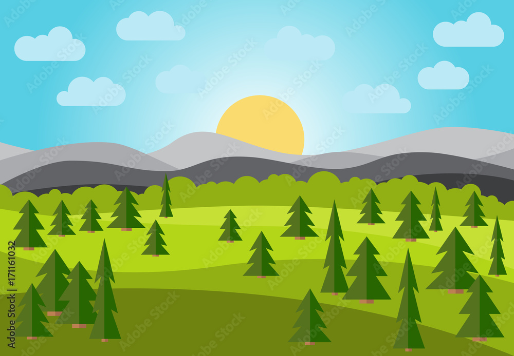 Vector landscape with field, trees and mountains. Early morning with the rising of the sun on the horizon. Vector illustration.
Vector landscape with field, trees and mountains. Early morning with the rising of the sun on the horizon. Vector illustration.
