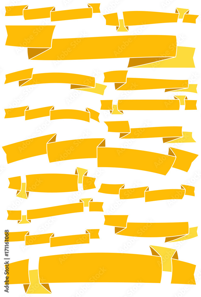 Set of fifteen yellow cartoon ribbons and banners for web design. Great design element isolated on white background. Vector illustration.

