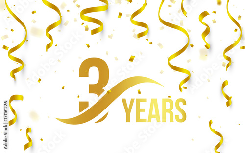 Isolated golden color number 3 with word years icon on white background with falling gold confetti and ribbons, third birthday anniversary greeting logo, card element, vector illustration