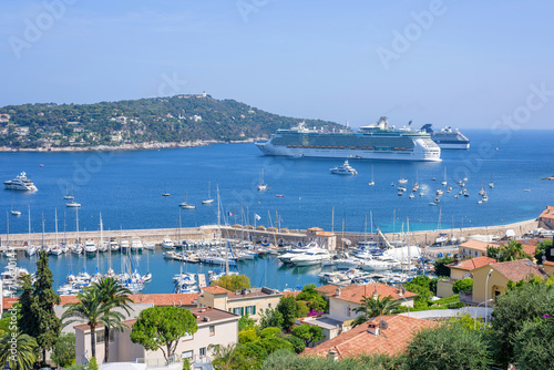 Beautiful daylight view to boats and ships on water in Villefranche-sur-Mer, France.