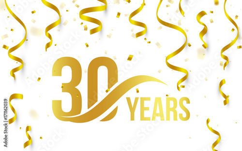 Isolated golden color number 30 with word years icon on white background with falling gold confetti and ribbons, 30th birthday anniversary greeting logo, card element, vector illustration