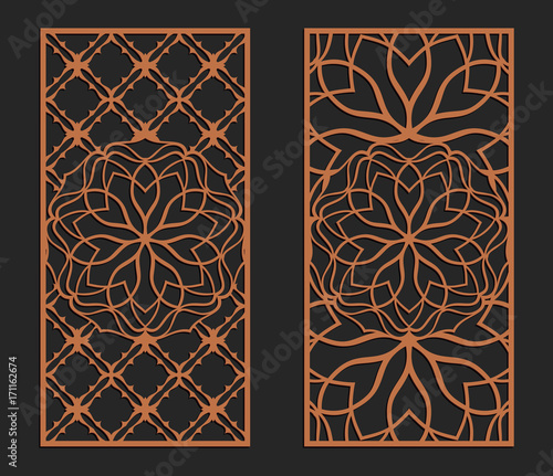 Laser cutting set. Wall panels. Jigsaw die cut ornaments. Lacy cutout silhouette stencils. Fretwork floral patterns. Vector template for paper cutting, metal and woodcut.