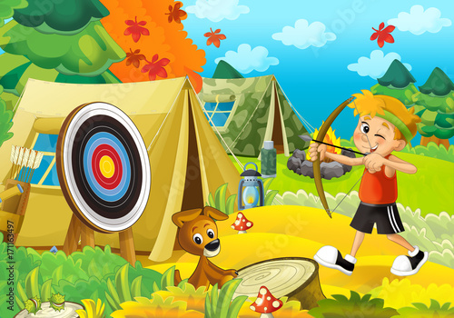 Cartoon scene of camping in the forest - happy and funny boy - with bow and arrows - archer - illustration for children