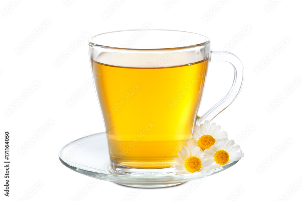 Cup of herbal tea with chamomile flowers on white background Cup of herbal tea with chamomile flowers on white background