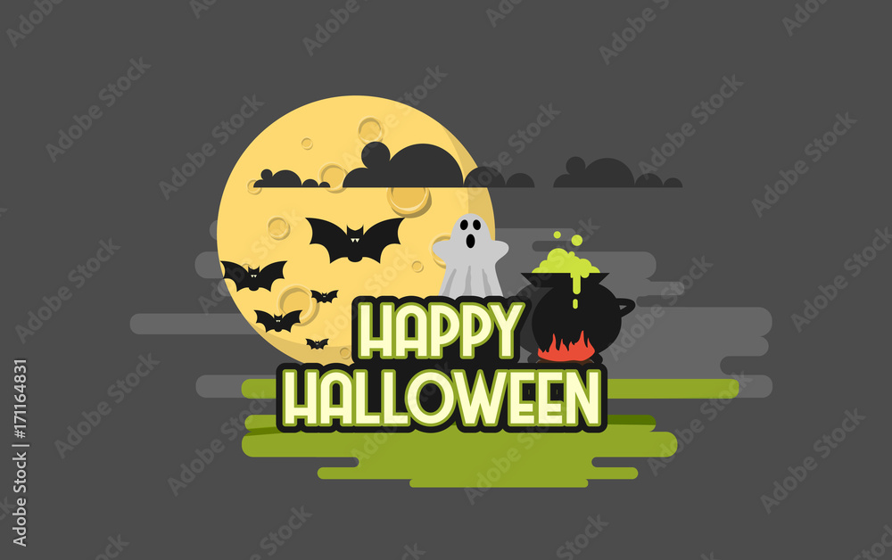 Flat Style Vector Illustration of Happy Halloween Background. 