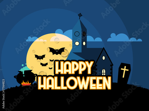 Flat Style Vector Illustration of Happy Halloween Background. 