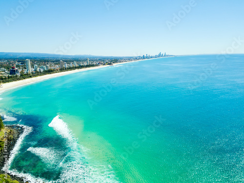 An aerial view of Burleigh Heads on the Gold Coast a clear day with blue water