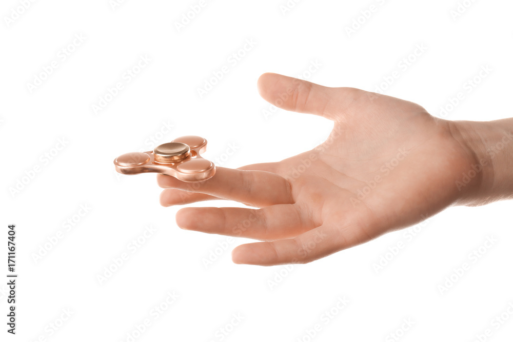 Man rolling modern spinner, isolated on white Man rolling modern spinner, isolated on white