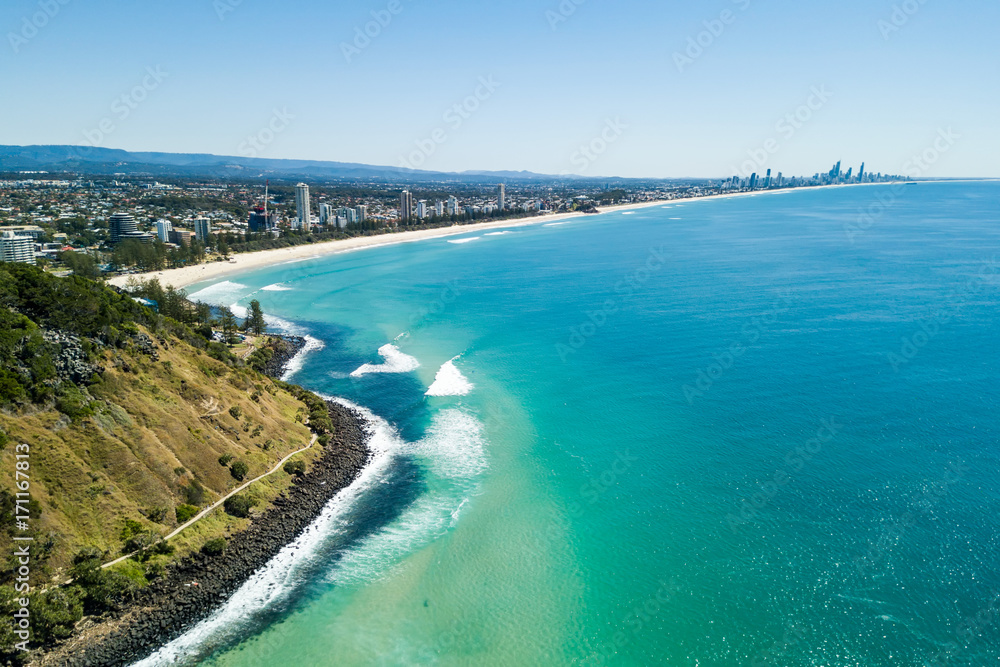 An aerial view of Burleigh Heads on the Gold Coast  a clear day with blue water