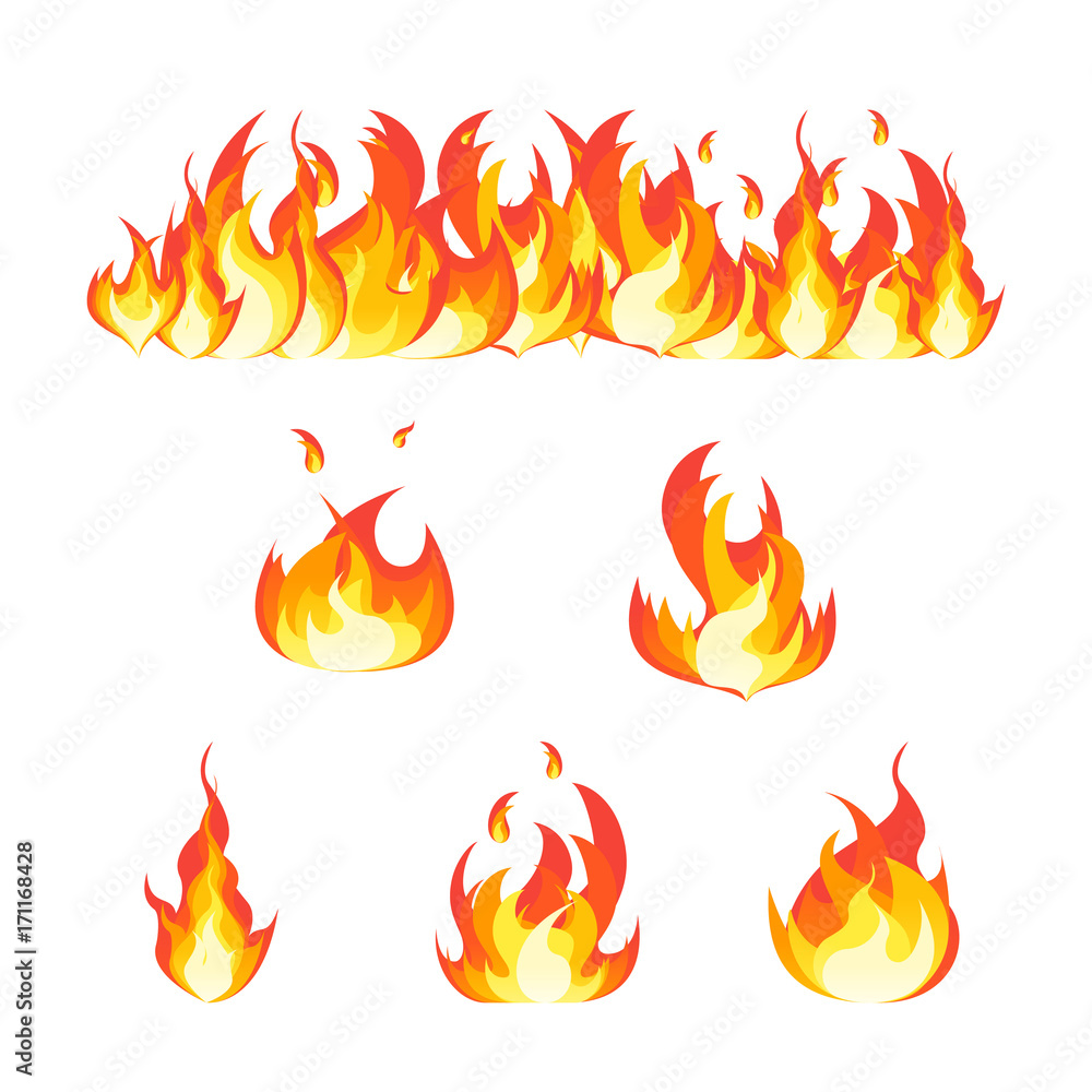 Cartoon Fire Flames Set and Line. Vector Stock Vector