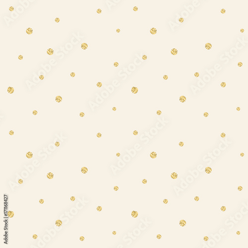 Golden confetti pattern. Modern abstract vector seamless background with small gold texture dots on beige backdrop . Perfect for festive party invitations, greeting cards and wrapping paper.