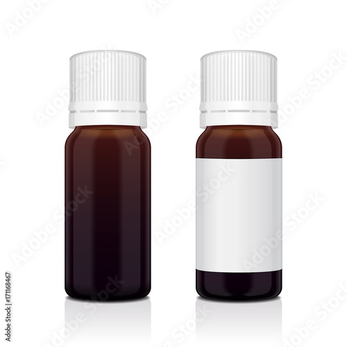 Realistic essential oil brown bottle set. Mock up bottle cosmetic or medical vial, flask, flacon 3d illustration