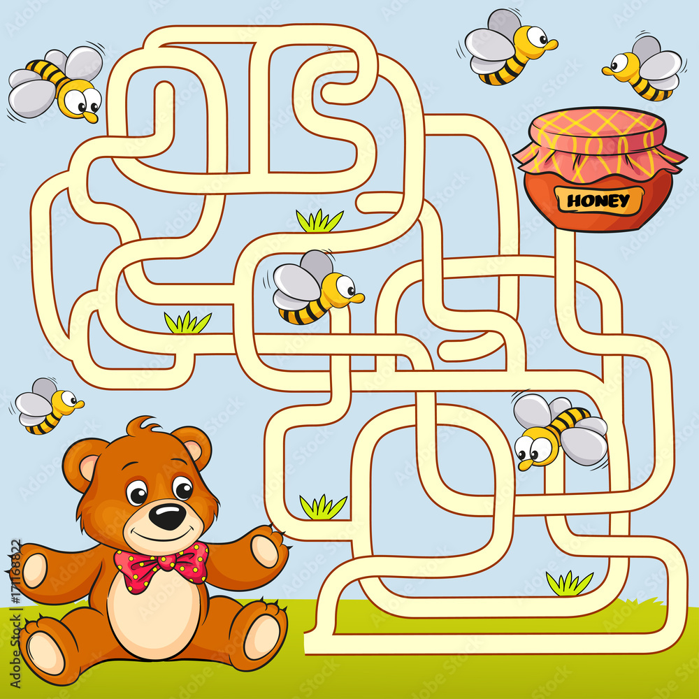 Fototapeta premium Help bear find path to honey. Labyrinth. Maze game for kids