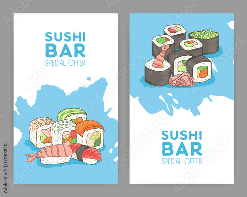Set of modern bright colored flyer templates for Asian food restaurant with a...