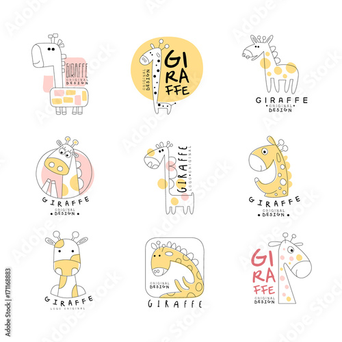 Cute little giraffe logo template original design set, vector Illustrations can be used for baby or toys shop, kids club