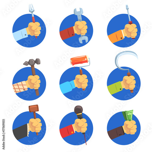 Hands holding tools set, mans hand with the symbol of the profession, jobs avatar vector Illustrations