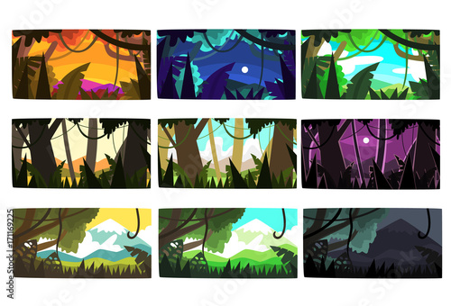 Tropical jungle landscapes set in different times of day