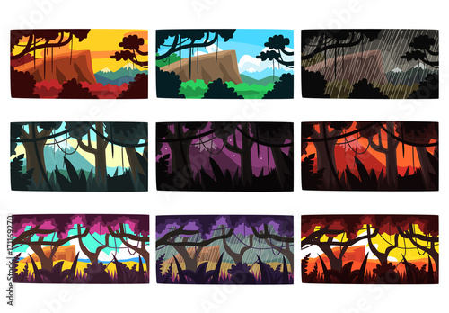 Tropical jungle landscapes set in different different colors and times of day