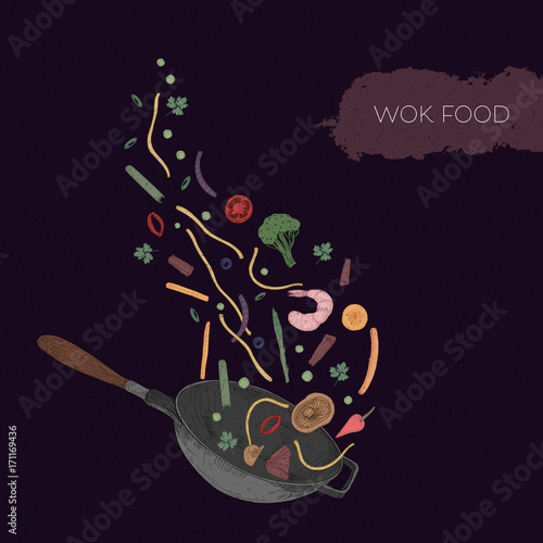 Detailed colorful drawing of wok and seafood, vegetables, mushrooms, noodles, spices thrown out of it. Traditional asian pan hand drawn in vintage style on dark background. Vector illustration.