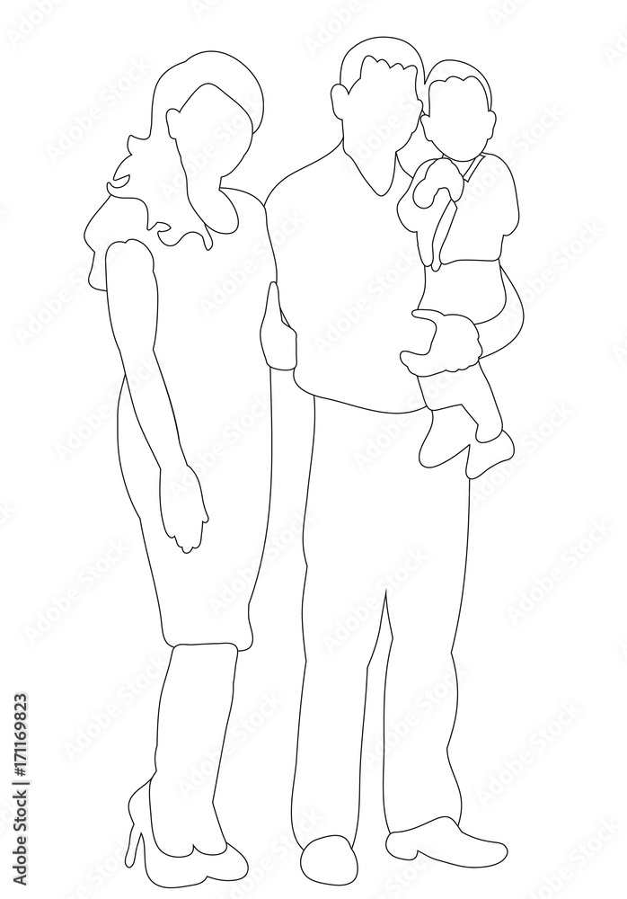 vector, sketches, outlines of people family with child