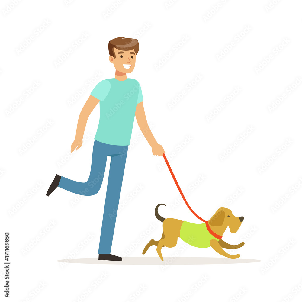 Young smiling man walking a dog vector Illustration Stock Vector ...