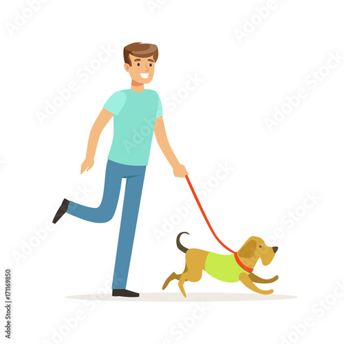 Young smiling man walking a dog vector Illustration