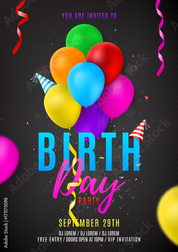 Flyer template for Birthday party. Beautiful background with colorful balloons. Vector illustration with confetti and serpentine. Dark invitation to nightclub.