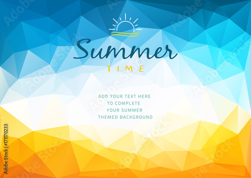 Polygonal shapes Summer time background with text - illustration.
Polygonal shapes vector illustration of a glowing Summer time background.