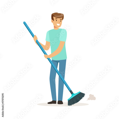 Young smiling man sweeping the floor, house husband working at home vector Illustration photo