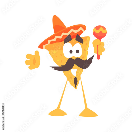 Funny cartoon Mexican nachos chip character wearing sombrero hat, traditional humanized food in traditional clothes shaking maracas vector Illustration