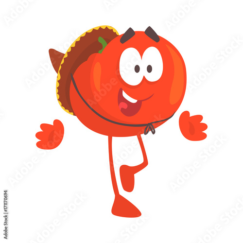 Funny cartoon red tomato character wearing sombrero hat, mexican traditional humanized food in traditional clothes vector Illustration