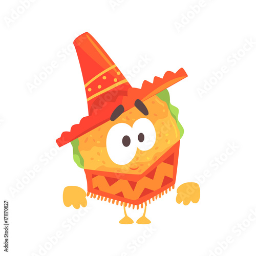 Funny cartoon Mexican taco character wearing poncho and sombrero hat, traditional humanized food in traditional clothes vector Illustration