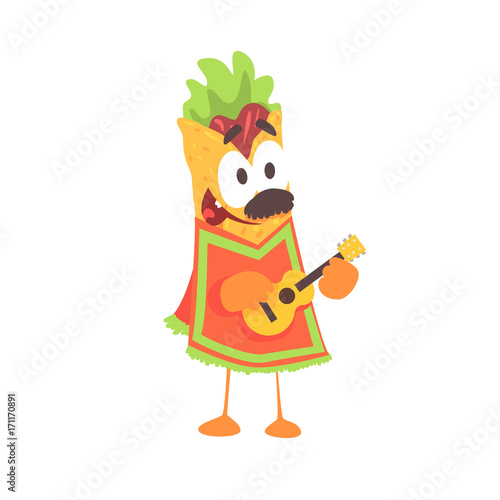 Funny cartoon fajita wrap character, mexican traditional humanized food in traditional clothes playing guitar vector Illustration