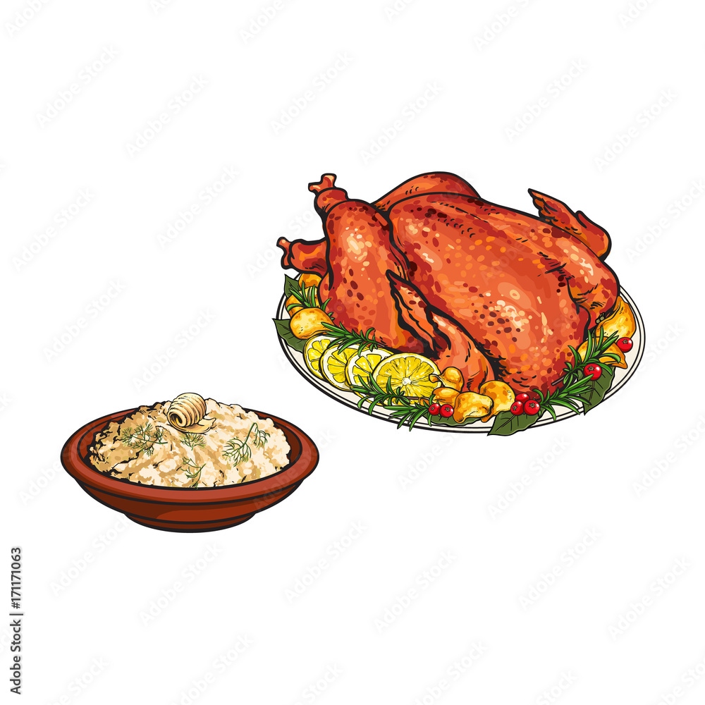 Whole roasted turkey and bowl of mashed potato, Thanksgiving dinner ...