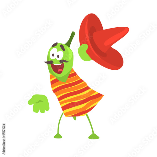 Funny cartoon smiling green pepper character wearing ponchoand sombrero hat, mexican traditional humanized food in traditional clothes vector Illustration