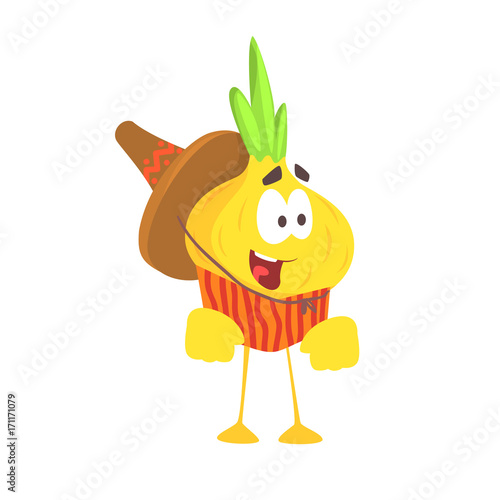 Funny cartoon onion character in traditional mexican clothes, traditional humanized food vector Illustration