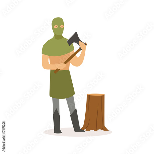 Executioner standing with axe, European medieval character in traditional costume colorful vector Illustration