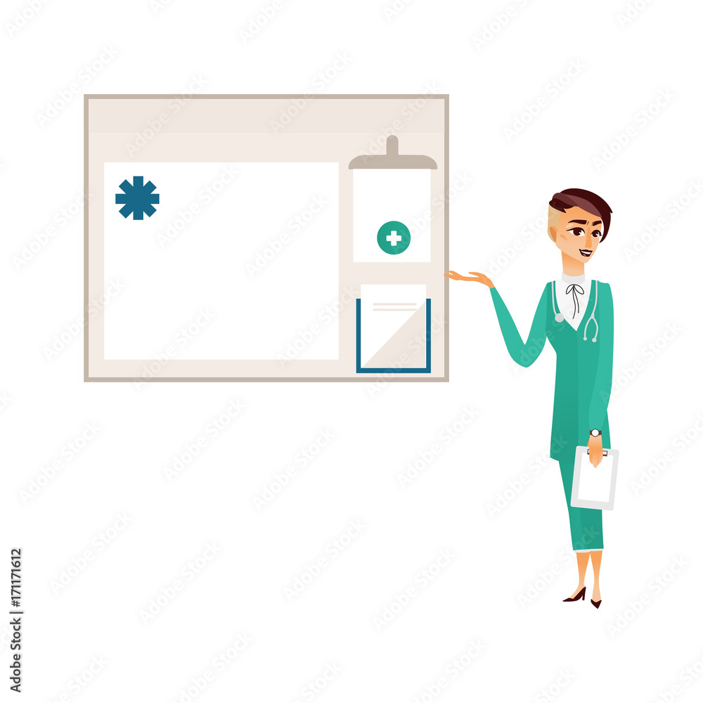 Fototapeta premium vector flat cartoon woman doctor in green medical clothing with sthetoscope holding clipboard with blank paper showing information at hospital board. Isolated illustration on a white background.