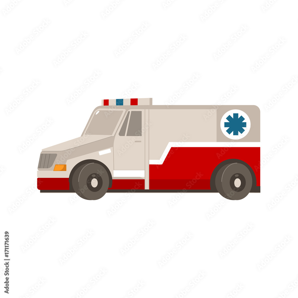 vector flat cartoon ambulance car. Paramedic emergency auto. Medical evacuation service rescue vehicle. Hospital transport. Isolated illustration on a white background