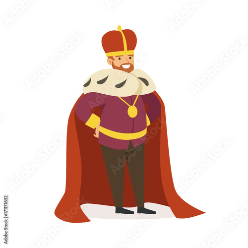 Majestic emperor in red ermine mantle, fairytale or European medieval character colorful vector Illustration