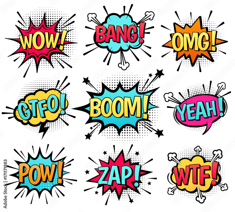 Comic speech bubble set with  text: Wow, Bang, Omg, Gtfo, Boom, Yeah, Pow, Zap, Wtf. Vector cartoon explosions with different emotions isolated on white background.