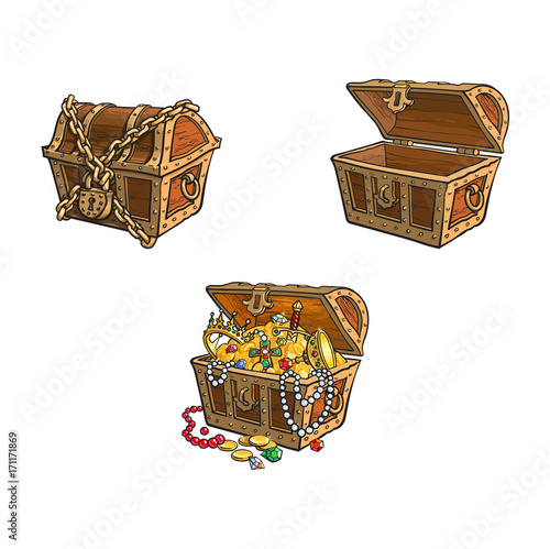 vector wooden treasure chest set. Isolated illustration on a white background. Opened, full of golden coins, closed and chained Flat cartoon symbol of adventure, pirates, risk profit and wealth.