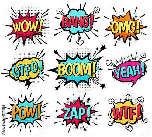 Comic speech bubble set with  text: Wow, Bang, Omg, Gtfo, Boom, Yeah, Pow, Zap, Wtf. Vector cartoon explosions with different emotions isolated on white background. photo