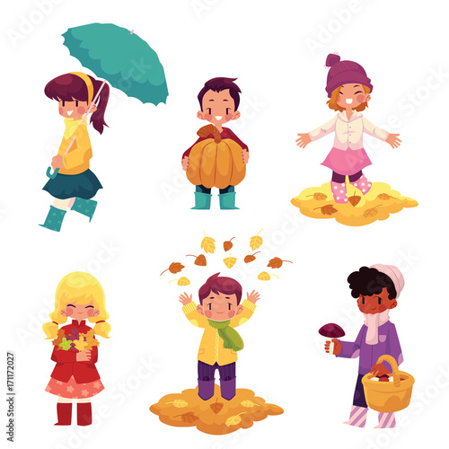 Kids, children having fun in fall, autumn - throwing leaves, picking mushrooms, walking, cartoon vector illustration isolated on white background. Cartoon kids, boys and girls, enjoy autumn, fall