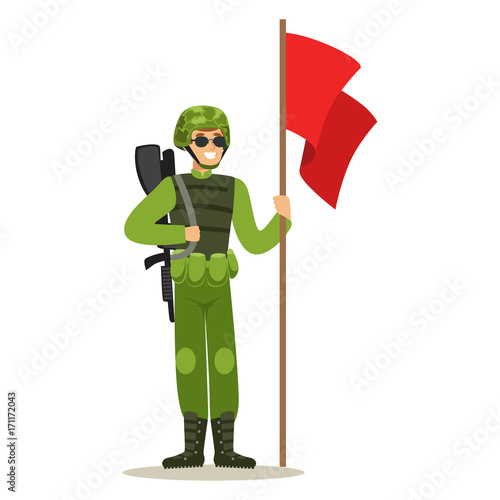 Infantry troops soldier character in camouflage combat uniform standing with red flag vector Illustration