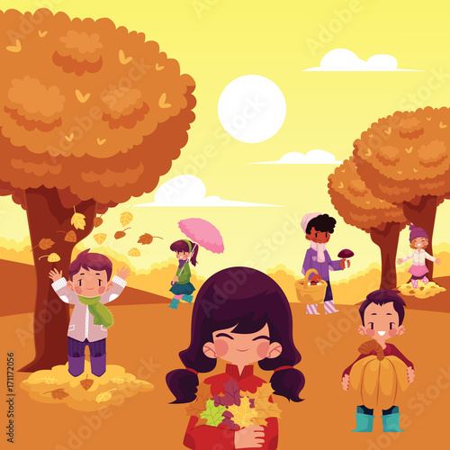 Kids, children having fun in fall, autumn - throwing leaves, picking mushrooms, walking in park, cartoon vector illustration. Cartoon kids enjoy autumn activities, poster, greeting card template