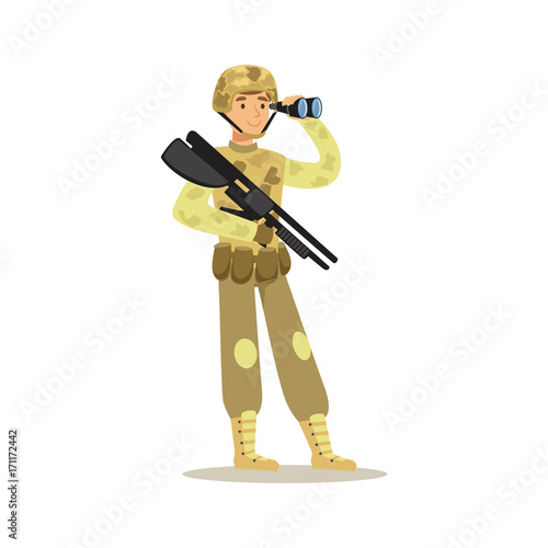 Soldier character wearing camouflage uniform looking through binoculars vector Illustration