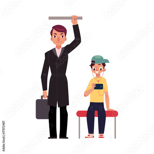 Businessman holding briefcase in subway, standing and holding handrail, young boy sits staring at phone, studen cartoon vector illustration isolated on white background.