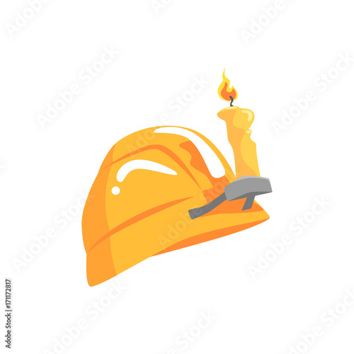 Vintage orange miners helmet, mining industry equipment cartoon vector Illustration