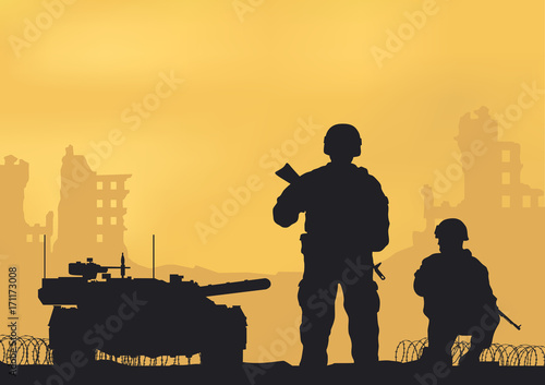 Illustration, tank, ruined city and soldiers.